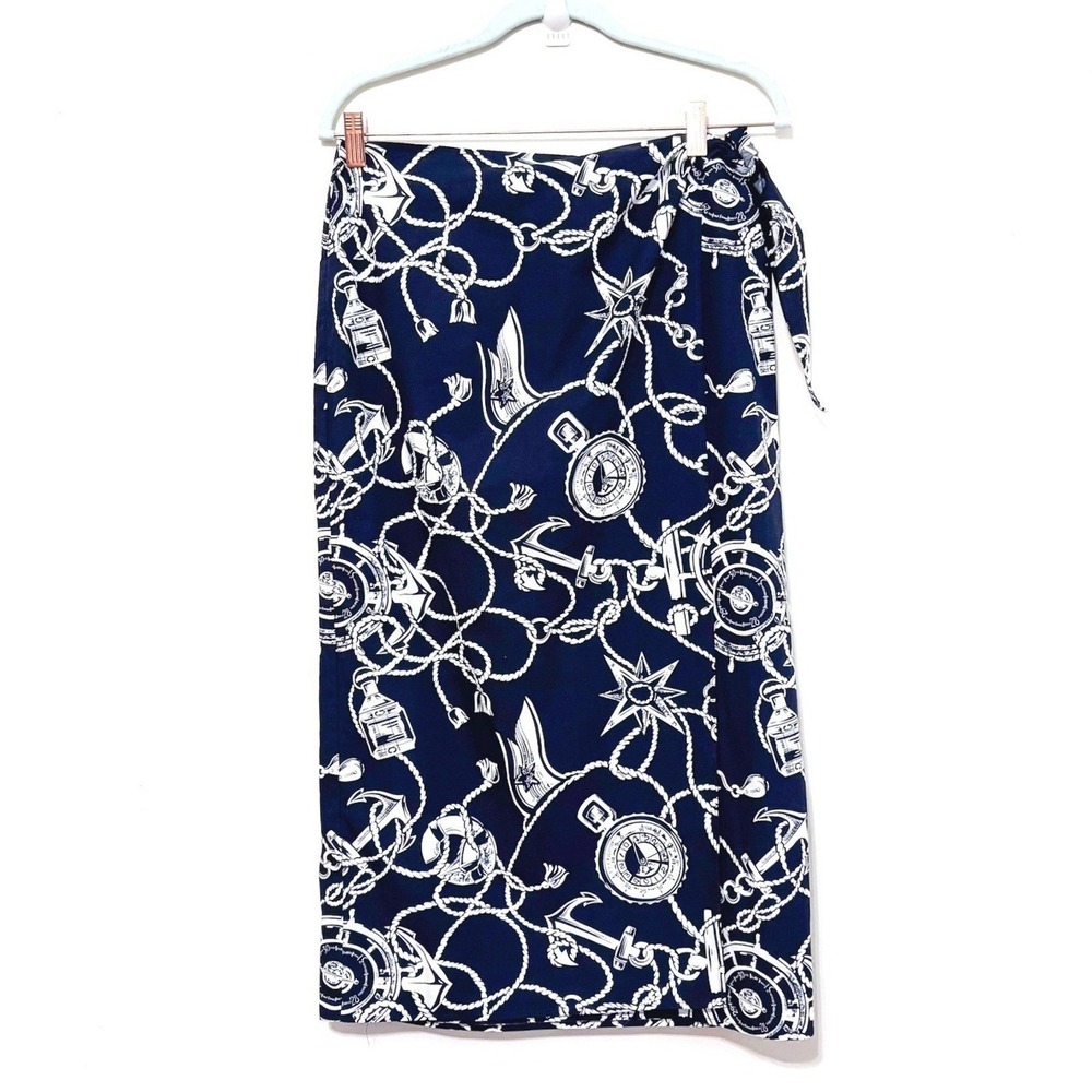 Talbots Vintage Nautical Coastal Sailor Wrap Midi Skirt Size 10P Navy Preppy